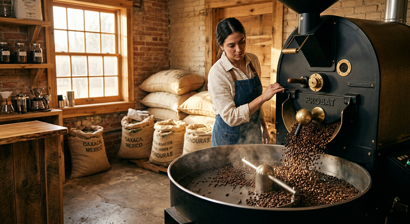 Freshly roasted coffee cooling in a Lubbock roastery at sunrise